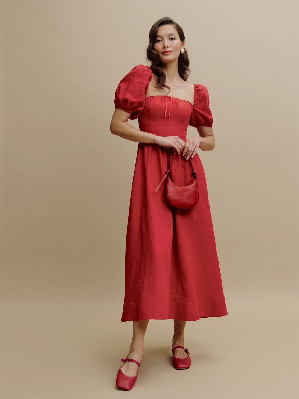 Reformation Red Puff-Sleeve Linen Midi Dress Marella Size 6